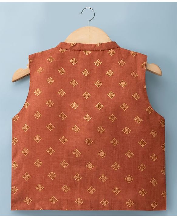Babyhug Cambric Woven Full Sleeves Solid Kurta & Dhoti Set With Foil Printed Jacket - Rust Orange