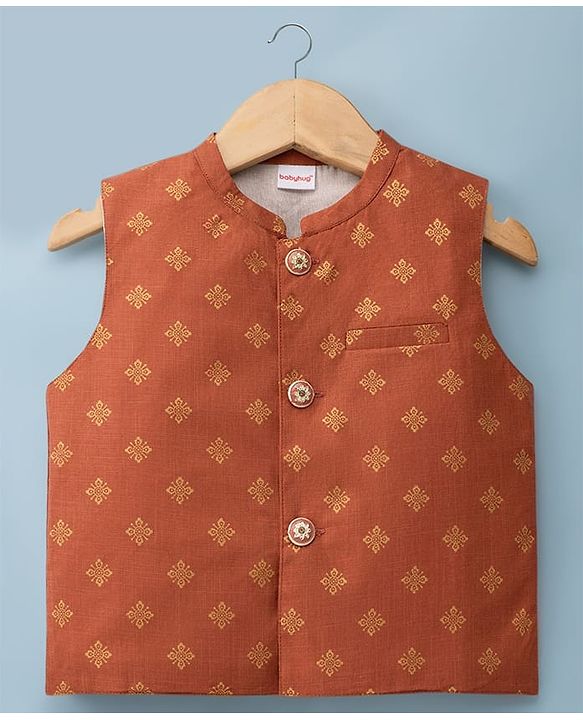 Babyhug Cambric Woven Full Sleeves Solid Kurta & Dhoti Set With Foil Printed Jacket - Rust Orange