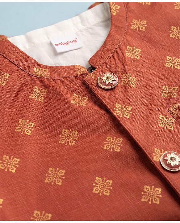 Babyhug Cambric Woven Full Sleeves Solid Kurta & Dhoti Set With Foil Printed Jacket - Rust Orange