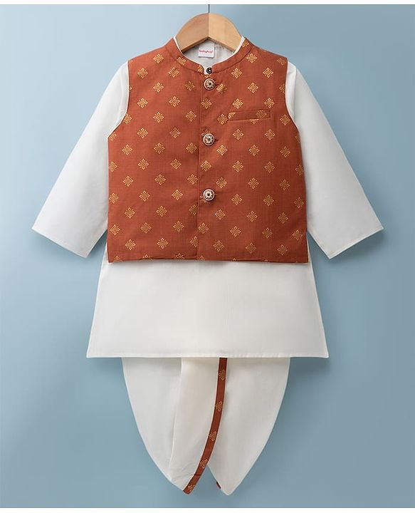 Babyhug Cambric Woven Full Sleeves Solid Kurta & Dhoti Set With Foil Printed Jacket - Rust Orange