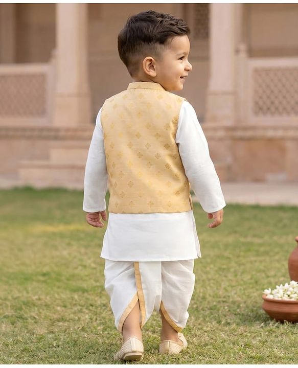 Babyhug Cambric Woven Full Sleeves Kurta Dhoti Set with Jacket & Motif Foil Print - Beige