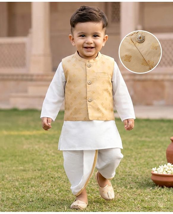 Babyhug Cambric Woven Full Sleeves Kurta Dhoti Set with Jacket & Motif Foil Print - Beige