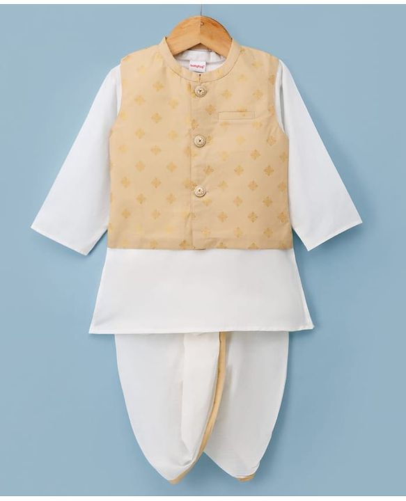 Babyhug Cambric Woven Full Sleeves Kurta Dhoti Set with Jacket & Motif Foil Print - Beige