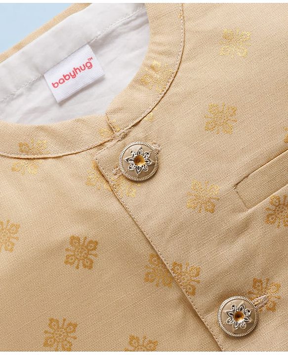 Babyhug Cambric Woven Full Sleeves Kurta Dhoti Set with Jacket & Motif Foil Print - Beige