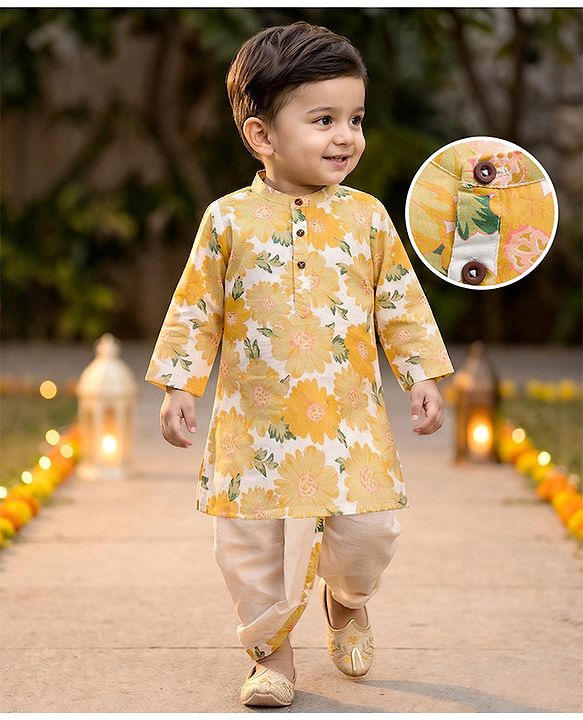 Babyhug Cambric Woven Full Sleeves Kurta Dhoti Set with Floral Print - Off White