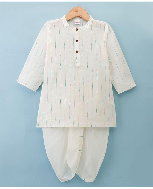Babyhug 100% Cotton Dobby Woven Full Sleeves Kurta & Dhoti Set With Embroidery - Off White
