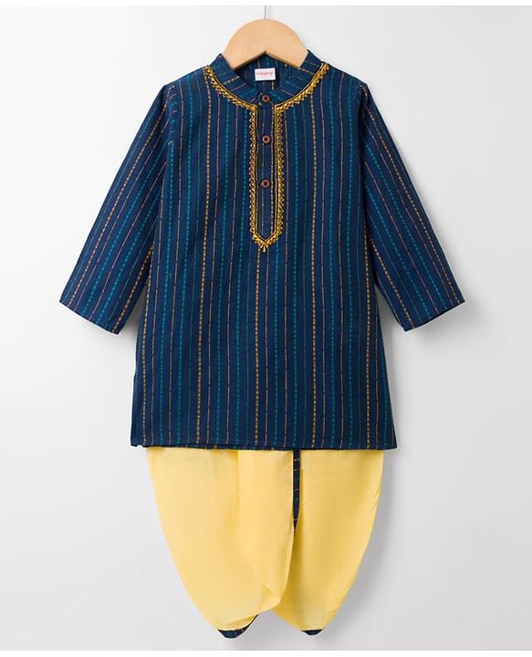 Babyhug 100% Cotton Dobby Woven Full Sleeves Striped Kurta Dhoti Set - Navy Blue