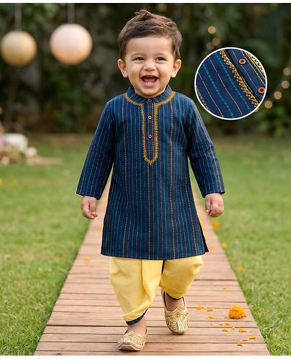 Babyhug 100% Cotton Dobby Woven Full Sleeves Striped Kurta Dhoti Set - Navy Blue