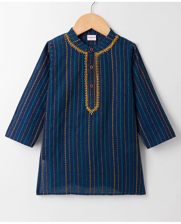 Babyhug 100% Cotton Dobby Woven Full Sleeves Striped Kurta Dhoti Set - Navy Blue