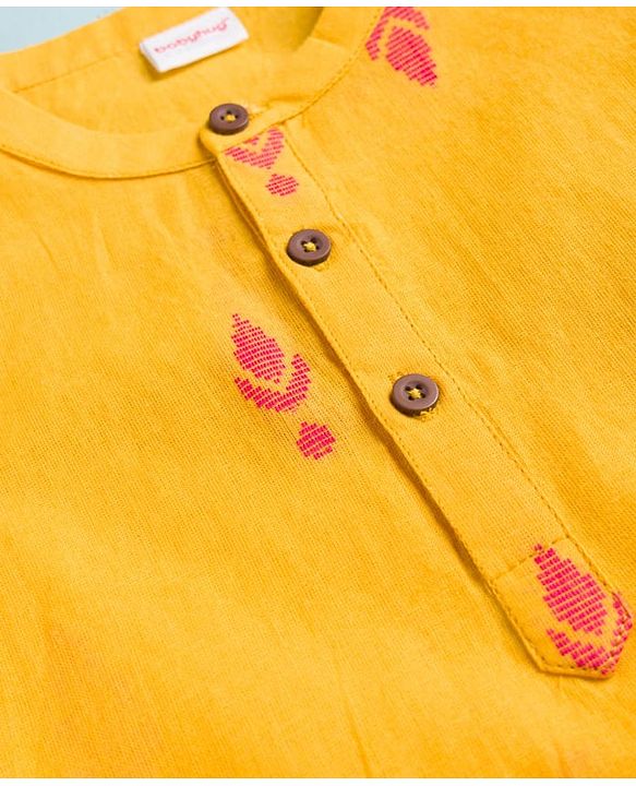 Babyhug 100% Cotton Dobby Woven Full Sleeves Kurta & Dhoti Set With Embroidery Detailing - Yellow