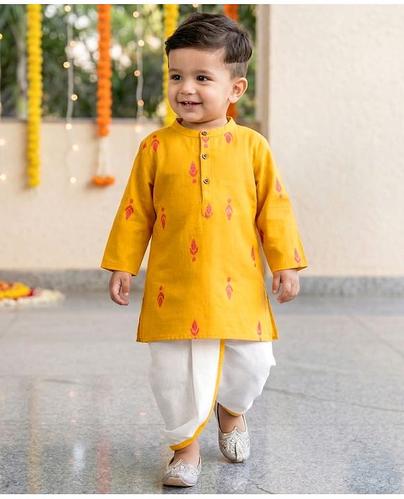Babyhug 100% Cotton Dobby Woven Full Sleeves Kurta & Dhoti Set With Embroidery Detailing - Yellow