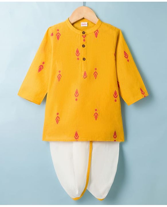 Babyhug 100% Cotton Dobby Woven Full Sleeves Kurta & Dhoti Set With Embroidery Detailing - Yellow