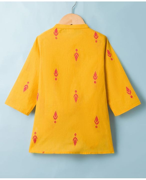 Babyhug 100% Cotton Dobby Woven Full Sleeves Kurta & Dhoti Set With Embroidery Detailing - Yellow