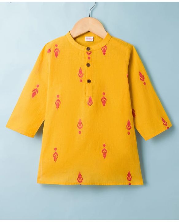 Babyhug 100% Cotton Dobby Woven Full Sleeves Kurta & Dhoti Set With Embroidery Detailing - Yellow