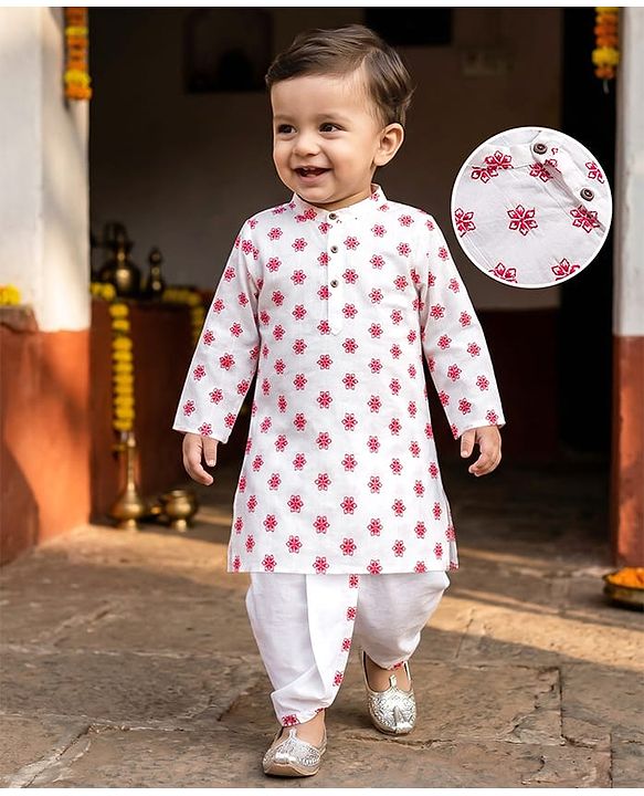 Babyhug Cambric Woven Full Sleeves Kurta Dhoti Set with Floral Print - White