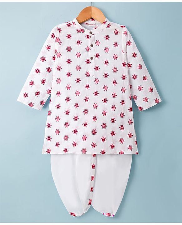 Babyhug Cambric Woven Full Sleeves Kurta Dhoti Set with Floral Print - White