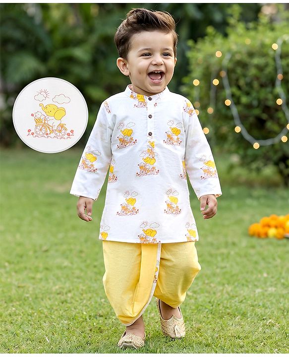Babyhug Cambric Woven Full Sleeves Kurta Dhoti Set with Elephant Print - White & Yellow