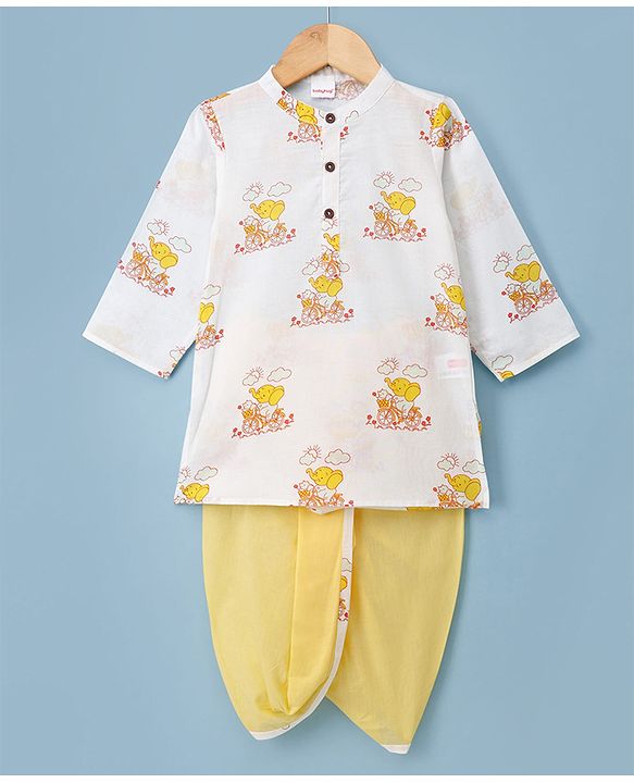 Babyhug Cambric Woven Full Sleeves Kurta Dhoti Set with Elephant Print - White & Yellow