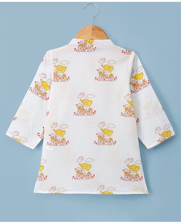Babyhug Cambric Woven Full Sleeves Kurta Dhoti Set with Elephant Print - White & Yellow