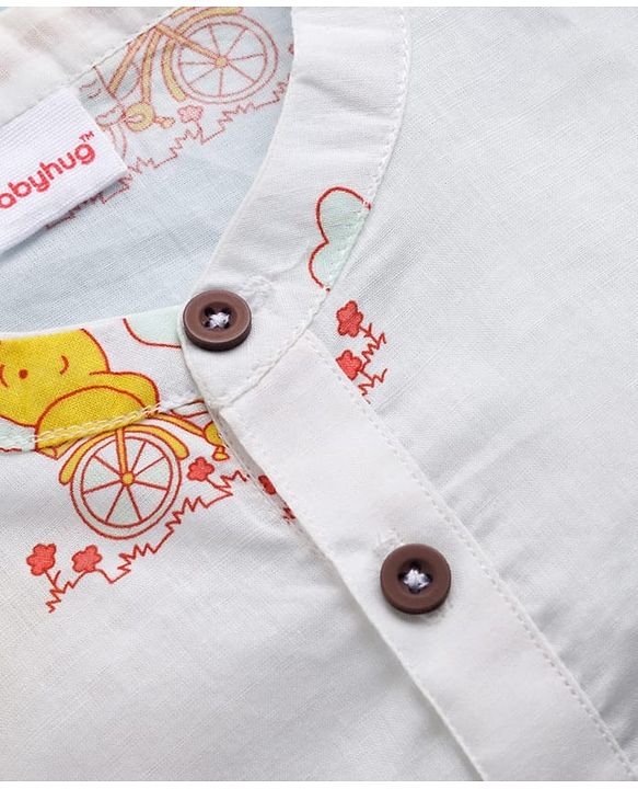 Babyhug Cambric Woven Full Sleeves Kurta Dhoti Set with Elephant Print - White & Yellow
