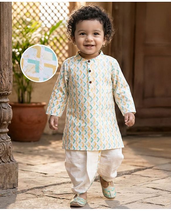 Babyhug Cambric Cotton Woven Full Sleeves Kurta Dhoti Set with Print - Multicolor