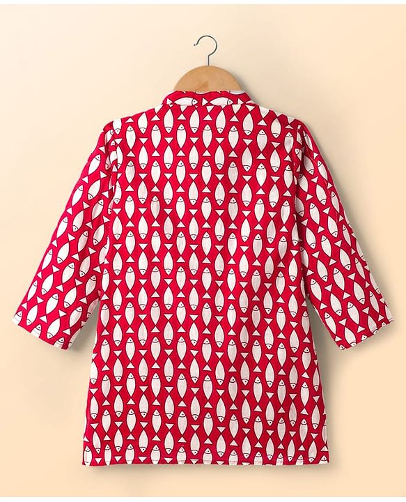Babyhug Cambric Cotton Woven Full Sleeves Kurta Dhoti Set with Fish Print - Red & White