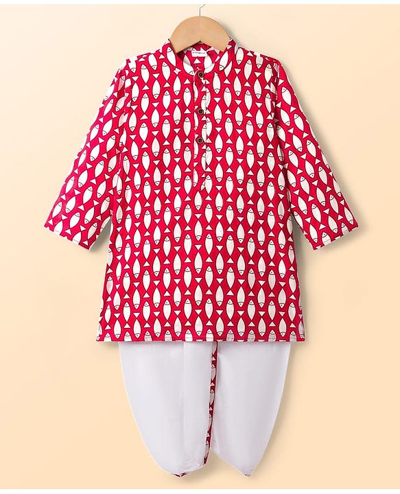 Babyhug Cambric Cotton Woven Full Sleeves Kurta Dhoti Set with Fish Print - Red & White