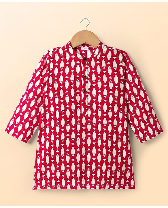 Babyhug Cambric Cotton Woven Full Sleeves Kurta Dhoti Set with Fish Print - Red & White