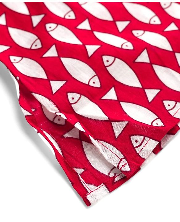 Babyhug Cambric Cotton Woven Full Sleeves Kurta Dhoti Set with Fish Print - Red & White