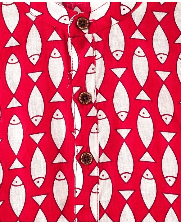 Babyhug Cambric Cotton Woven Full Sleeves Kurta Dhoti Set with Fish Print - Red & White