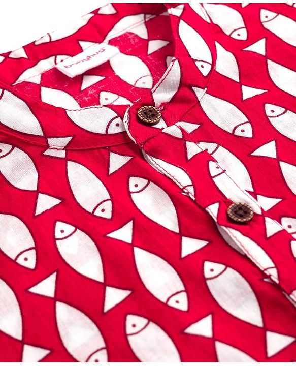Babyhug Cambric Cotton Woven Full Sleeves Kurta Dhoti Set with Fish Print - Red & White