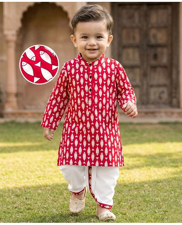 Babyhug Cambric Cotton Woven Full Sleeves Kurta Dhoti Set with Fish Print - Red & White