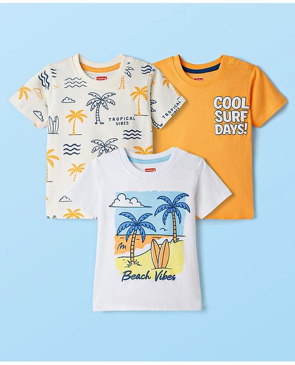 Babyhug Cotton Knit Half Sleeves T-Shirts With Beach Theme Print Pack of 3 - Multicolor