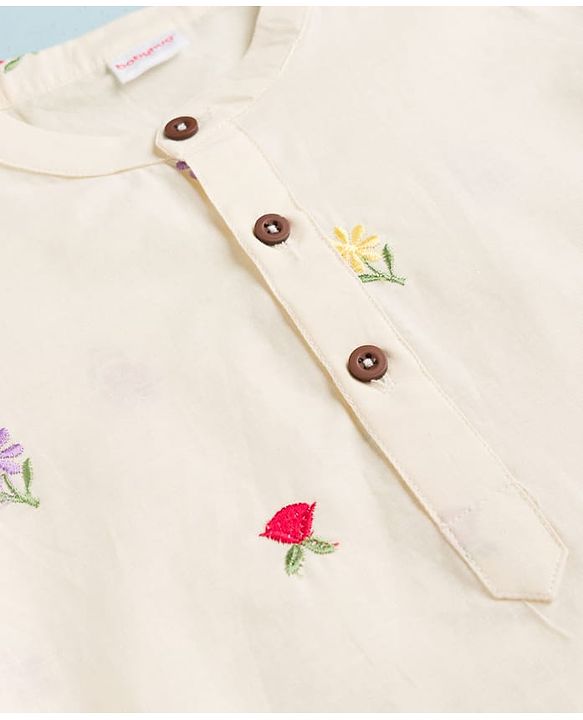 Babyhug 100% Cotton Woven Full Sleeves Floral Embroidered Kurta & Dhoti Set - Beige