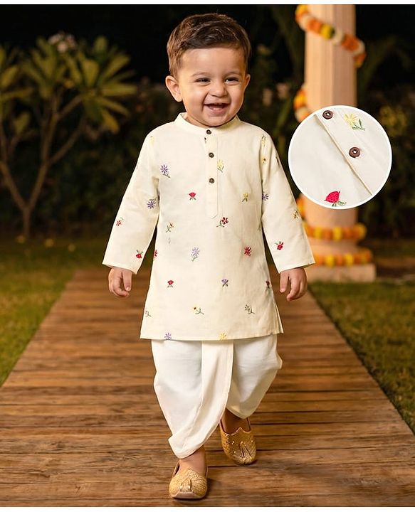 Babyhug 100% Cotton Woven Full Sleeves Floral Embroidered Kurta & Dhoti Set - Beige