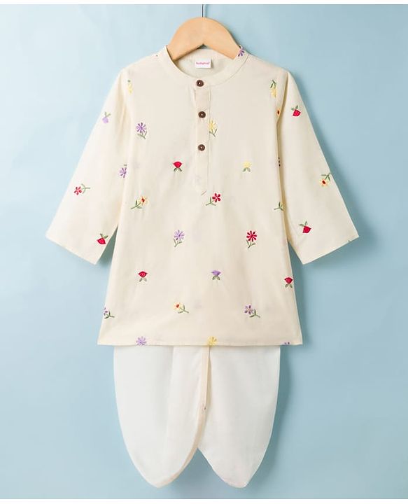 Babyhug 100% Cotton Woven Full Sleeves Floral Embroidered Kurta & Dhoti Set - Beige