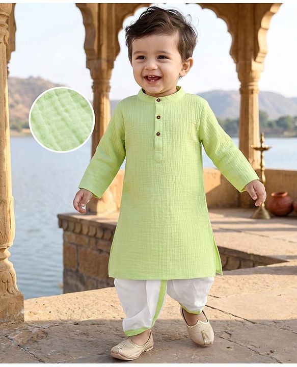 Babyhug Cotton Goss Woven Full Sleeves Solid Color Kurta Dhoti Set - Light Green