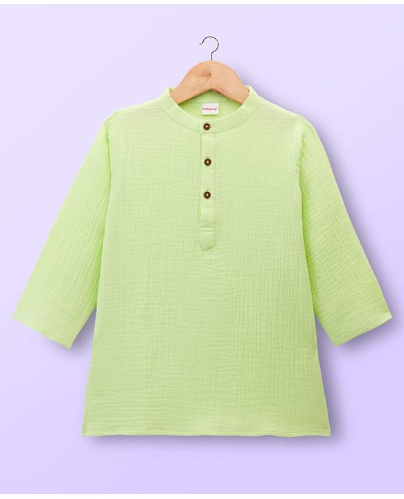 Babyhug Cotton Goss Woven Full Sleeves Solid Color Kurta Dhoti Set - Light Green