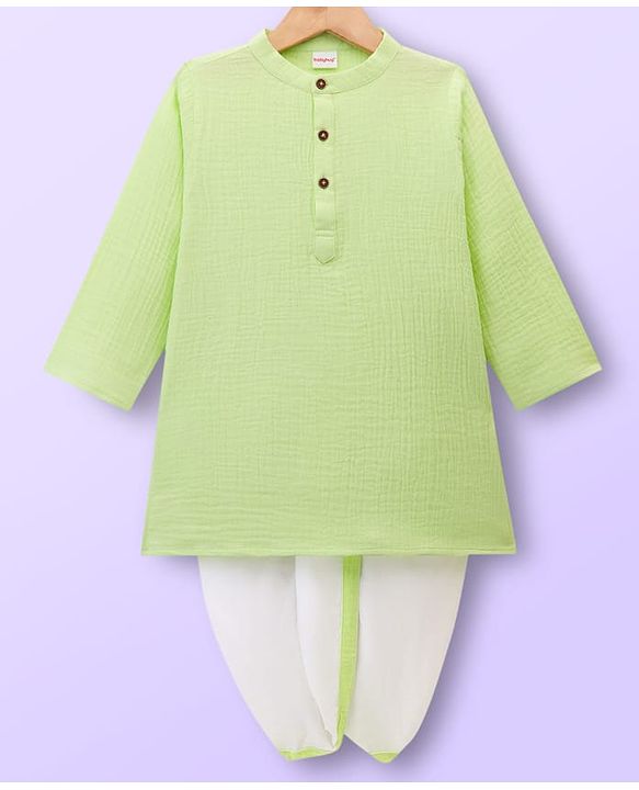 Babyhug Cotton Goss Woven Full Sleeves Solid Color Kurta Dhoti Set - Light Green