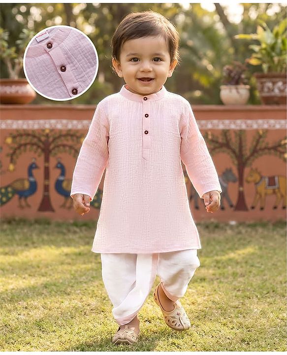 Babyhug Cotton Goss Woven Full Sleeves Solid Color Kurta Dhoti Set - Light Pink & White