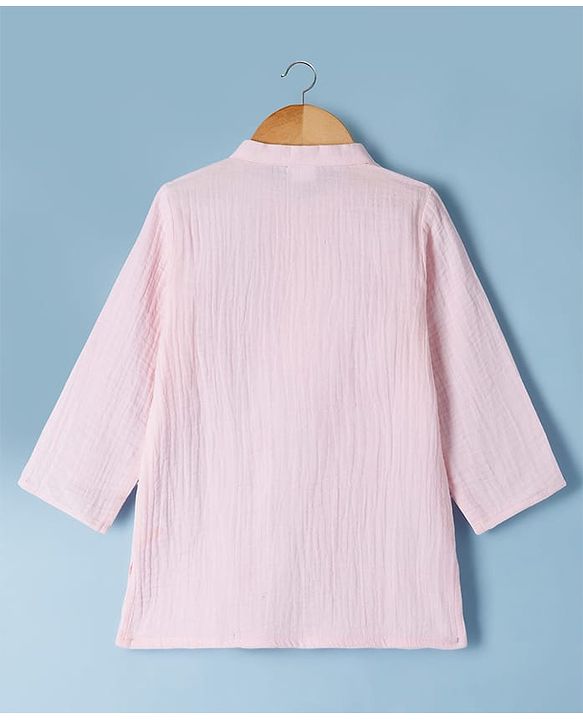 Babyhug Cotton Goss Woven Full Sleeves Solid Color Kurta Dhoti Set - Light Pink & White