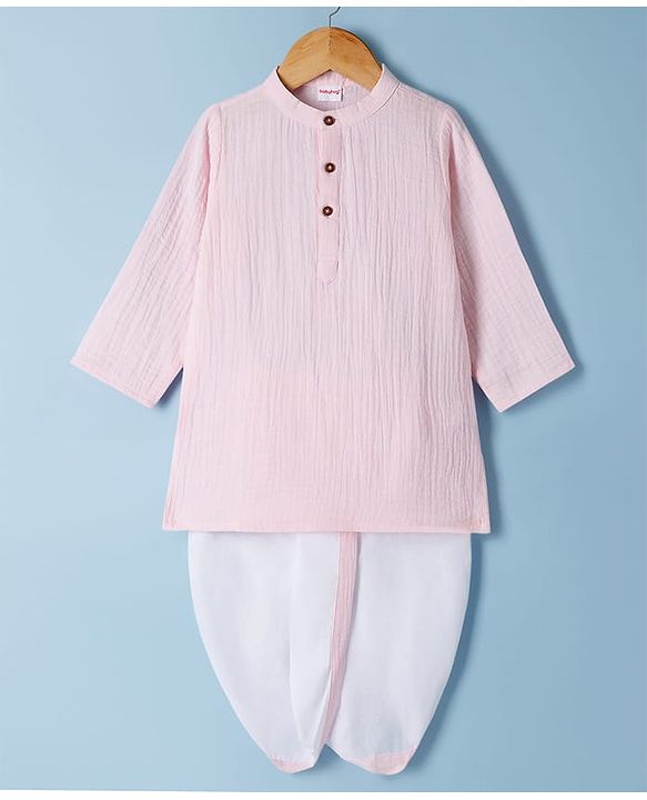Babyhug Cotton Goss Woven Full Sleeves Solid Color Kurta Dhoti Set - Light Pink & White