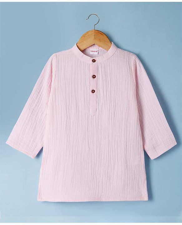 Babyhug Cotton Goss Woven Full Sleeves Solid Color Kurta Dhoti Set - Light Pink & White