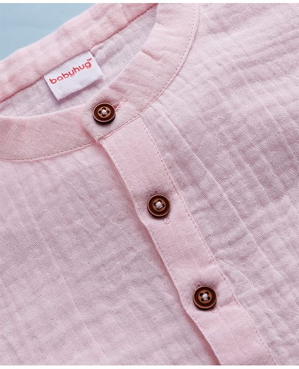 Babyhug Cotton Goss Woven Full Sleeves Solid Color Kurta Dhoti Set - Light Pink & White