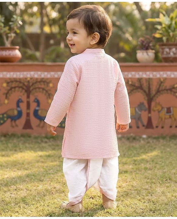 Babyhug Cotton Goss Woven Full Sleeves Solid Color Kurta Dhoti Set - Light Pink & White