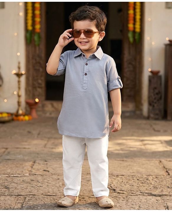 Babyhug 100% Cotton Woven Full Sleeves Solid Pathani Kurta & Pyjama Set - Grey