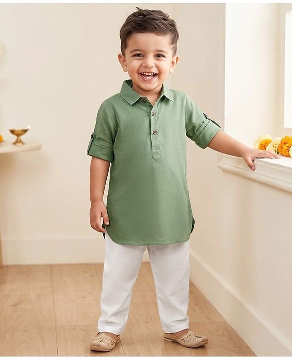 Babyhug 100% Cotton Woven Full Sleeves Solid Pathani Kurta & Pyjama Set - Olive Green