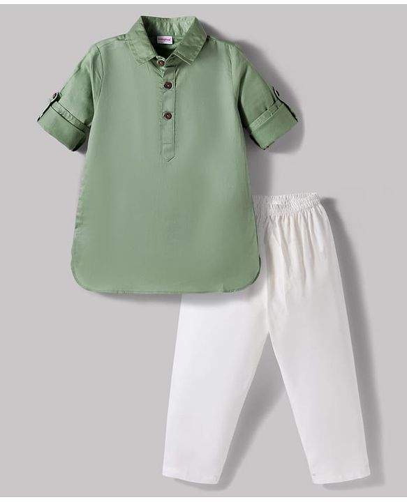 Babyhug 100% Cotton Woven Full Sleeves Solid Pathani Kurta & Pyjama Set - Olive Green