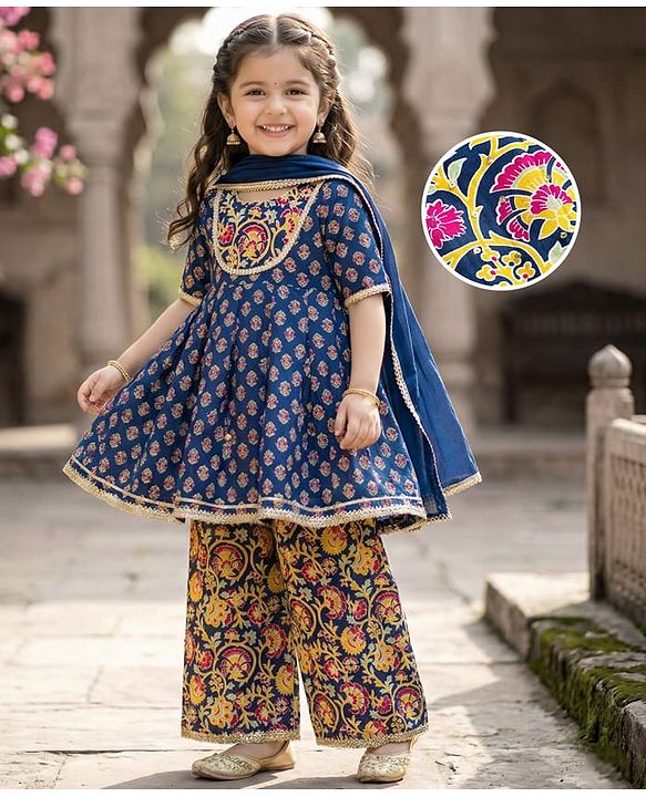 Babyhug Cotton Woven Three Fourth Sleeves Kurta & Palazo Set With Dupatta - Navy Blue