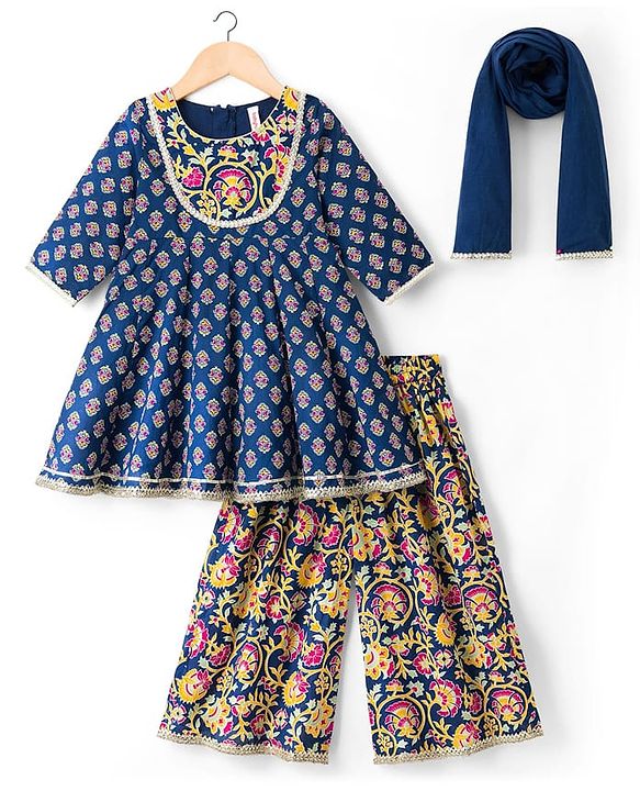 Babyhug Cotton Woven Three Fourth Sleeves Kurta & Palazo Set With Dupatta - Navy Blue